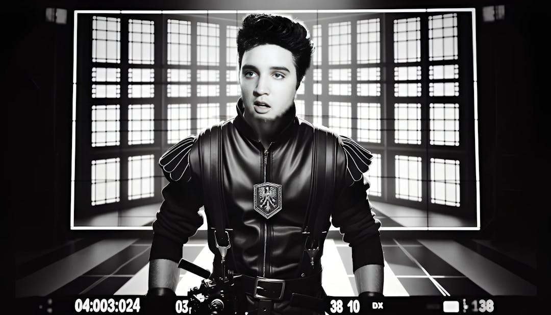 Elvis Presley, a fair-skinned, slim male with a confident and theatrical stance, looking directly at the camera. He is wearing a dark outfit with a badge or emblem on the chest. The monochromatic background features simple patterns on screens or panels. The image captures the essence of Elvis Presley's performance and entertainment career.