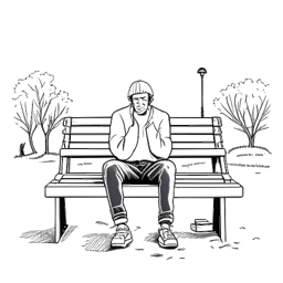 Desenho de linha de um homem representando Mike Majlak em um momento de angústia, sozinho em um banco de parque com a cabeça nas mãos, com frascos e garrafas ao seu redor, simbolizando suas lutas passadas contra a dependência.