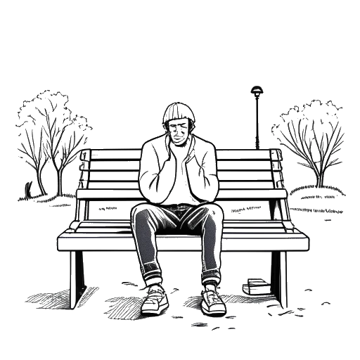 Lijn kunsttekening van een man die Mike Majlak voorstelt in een moment van nood, alleen op een parkbank met zijn hoofd in zijn handen, met flacons en flessen om hem heen, wat zijn vroegere strijd met verslaving symboliseert.