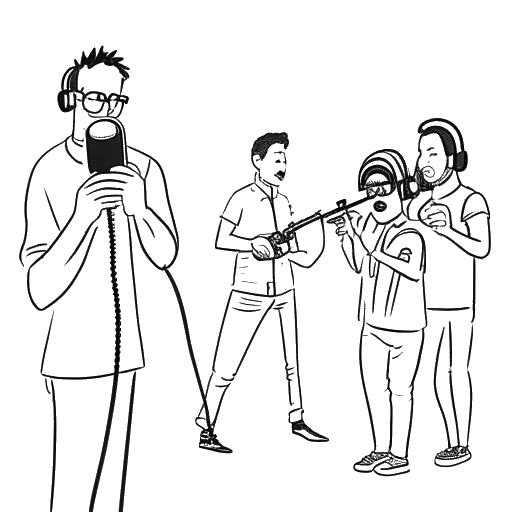 Desenho de linha de um homem, representando Mike Majlak, com uma câmera interagindo com uma plateia e coapresentando um podcast, destacando suas incursões na fotografia, redes sociais e podcasting.