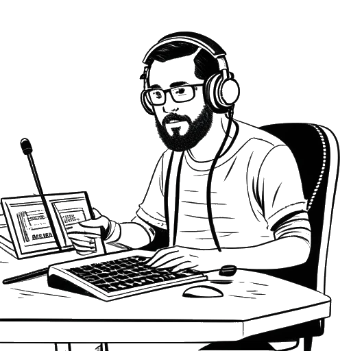 Desenho de arte linear de um homem, representando Mike Majlak, usando fones de ouvido, falando em um microfone em uma mesa de podcast com um ícone de 'Inscrever-se', câmera e um livro proeminente, simbolizando seu conteúdo digital e autoria.