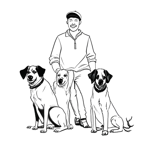 Line art drawing of a man, representing Mike Majlak, with his three dogs: Finney, Henry, and Brannie