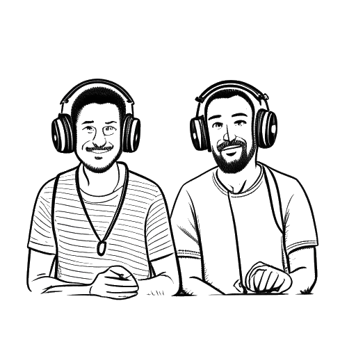 Desenho de arte em linha de dois homens, representando Mike Majlak e Logan Paul, co-fundando um podcast