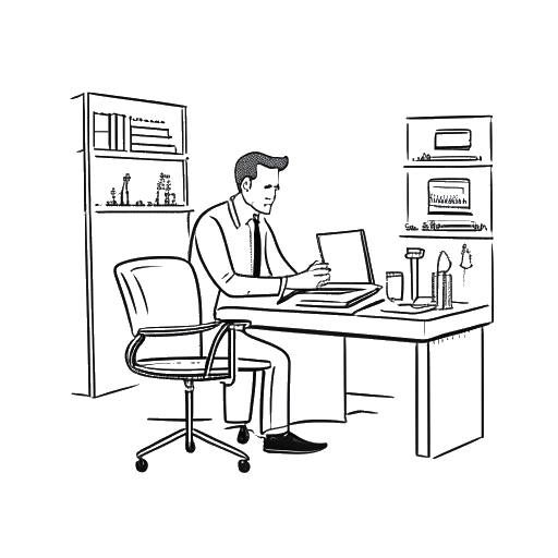 Desenho de arte em linha de um homem, representando Mike Majlak, trabalhando como gerente de marketing para uma varejista de móveis