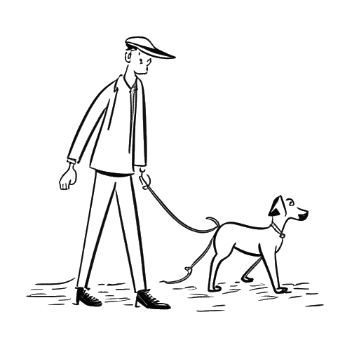 Line art drawing of a man, representing Mike Majlak, doing odd jobs like dog-walking and contributing to a news website