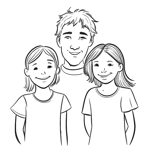 Line art drawing of a man, representing Mike Majlak, with his twin sister and older sister