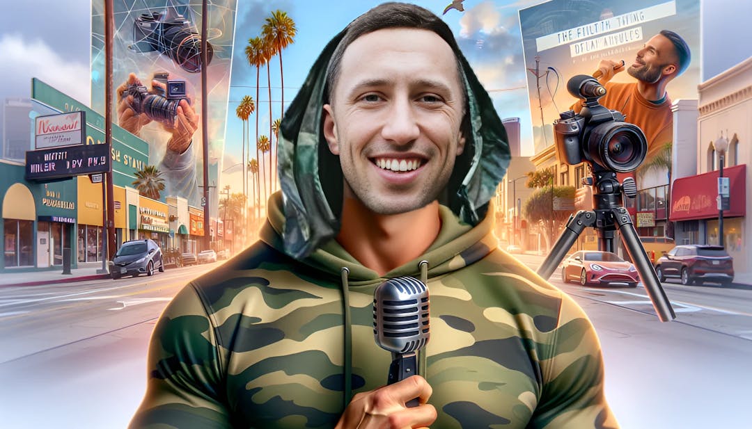 Mike Majlak in Los Angeles, gekleed in een camouflage hoodie, met een microfoon tegen een stadsgezicht, als symbool voor zijn carrière en persoonlijke transformatie.