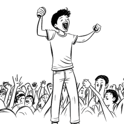 Desenho de arte linear de um menino representando Chris Brown, dançando e cantando no palco. Ele está segurando um microfone, e há uma plateia aplaudindo ao fundo. A imagem é em preto e branco em um fundo branco.