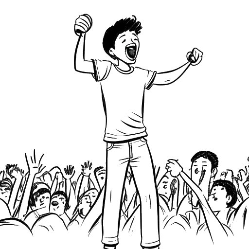 Desenho de arte linear de um menino representando Chris Brown, dançando e cantando no palco. Ele está segurando um microfone, e há uma plateia aplaudindo ao fundo. A imagem é em preto e branco em um fundo branco.