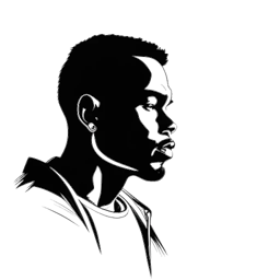 Desenho de arte linear de um homem, representando Chris Brown, cercado por sombras, refletindo sobre suas ações. Um holofote brilhante incide sobre ele, simbolizando crescimento pessoal e autorreflexão. A imagem é em preto e branco em um fundo branco.