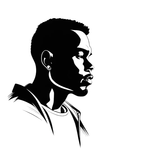 Desenho de arte linear de um homem, representando Chris Brown, cercado por sombras, refletindo sobre suas ações. Um holofote brilhante incide sobre ele, simbolizando crescimento pessoal e autorreflexão. A imagem é em preto e branco em um fundo branco.
