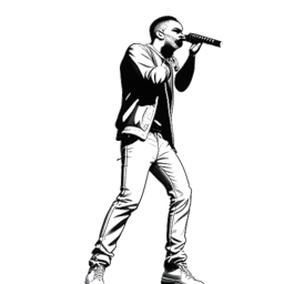Lijntekening van een man, die Chris Brown vertegenwoordigt, die een microfoon vasthoudt en optreedt op een groot podium. Een spectaculaire lichtshow omringt hem. De afbeelding is zwart-wit tegen een witte achtergrond.