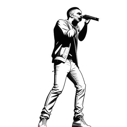 Desenho de arte linear de um homem, representando Chris Brown, segurando um microfone e se apresentando em um grande palco. Um espetáculo de luzes surrounde-o. A imagem é em preto e branco em um fundo branco.