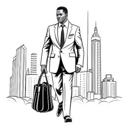 Line art drawing of a man, representing Chris Brown, wearing a suit and tie, holding a briefcase, as he walks confidently towards a city skyline filled with skyscrapers. The image is in black and white against a white backdrop.