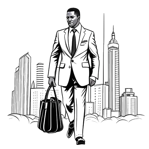 Desenho de arte linear de um homem, representando Chris Brown, usando terno e gravata, segurando uma maleta, enquanto caminha confiante em direção a um horizonte de cidade repleto de arranha-céus. A imagem é em preto e branco em um fundo branco.