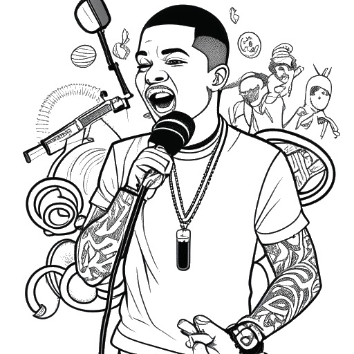Desenho preto e branco de um homem, representando Chris Brown, segurando um microfone. Ao redor dele estão notas musicais, cifrões e símbolos relacionados a negócios, tudo em um fundo branco.