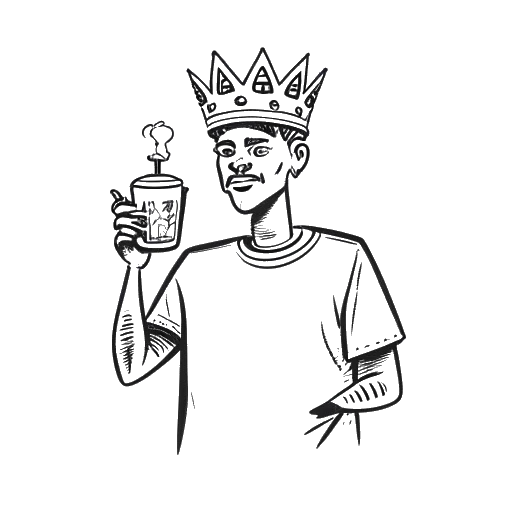 Desenho em arte linear de Chris Brown segurando uma lata de spray representando sua paixão por arte de grafite e usando uma coroa do Burger King representando sua propriedade de 14 restaurantes da rede