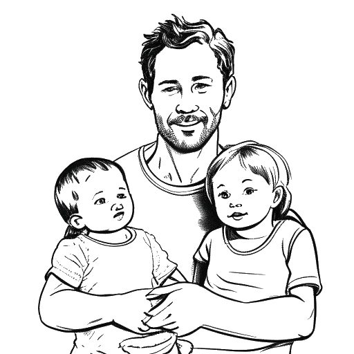 Line art drawing of Chris Brown holding his three children Royalty, Aeko and another son