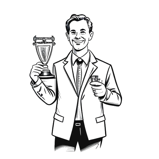 Line art drawing of Chris Brown holding multiple awards, including a Grammy Award and BET Awards