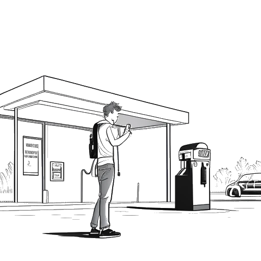 Desenho em arte linear de um adolescente Chris Brown se apresentando em frente a um posto de gasolina