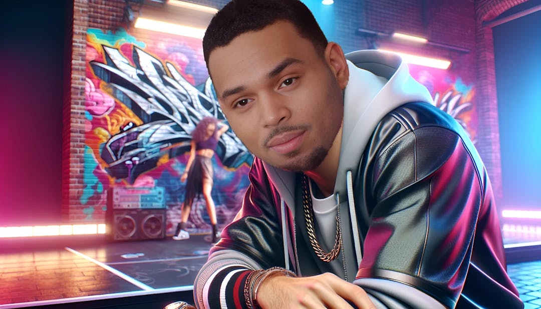 Chris Brown, the dynamic and multi-talented musician and performer, captured in an eye-catching snapshot. He is depicted with a confident gaze and a bald head, exuding energy and creativity. The colorful background resembles an urban landscape or a concert stage, showcasing his passion for music and art. He is styled in a trendy and fashionable attire that reflects his unique sense of style. This high-resolution image is a visually captivating representation of Chris Brown's vibrant personality.