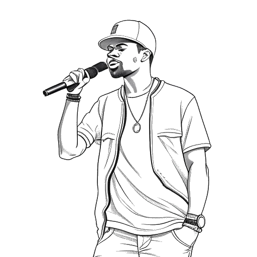 Line art illustrating a man, signifying Capital Bra's entry and success in the rap scene including his significant performance at 'Rap am Mittwoch' and his successful albums, symbolizing his rise in the music industry.