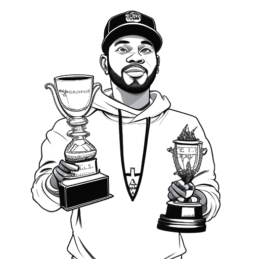 Line art drawing of Capital Bra holding two trophies, representing his wins at the Hiphop.de Awards in 2018 and 2019.