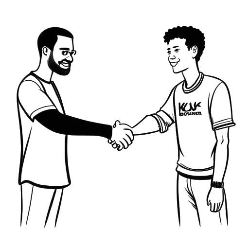 Line art drawing of a handshake between Capital Bra and two representatives of Team Kuku and Sony Music, symbolizing his signing with both labels.