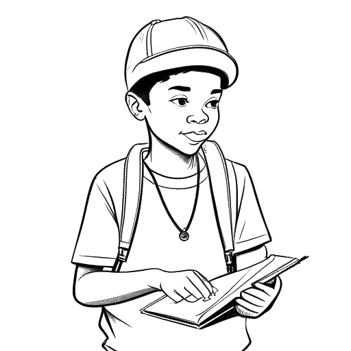 Line art drawing of an 11-year-old boy representing Capital Bra, holding a notebook and a pen, symbolizing the start of his rap writing career.