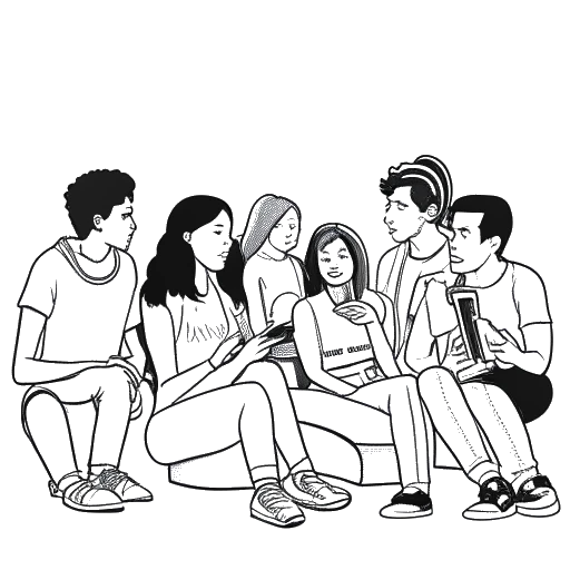 Line art drawing of a group of young people listening to music, with a broken pill symbolizing Tilidin in the background, representing Capital Bra's songs reflecting the Tilidin trend.