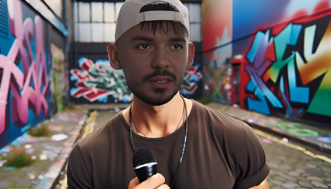 Vladislav Balovatsky, known as Capital Bra, standing in front of a graffiti wall, holding a microphone with a confident look on his face.