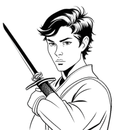 Disegno in stile lineare di un giovane uomo, rappresentante Technoblade (Alexander), con uno sguardo competitivo, impugnante una spada da scherma.