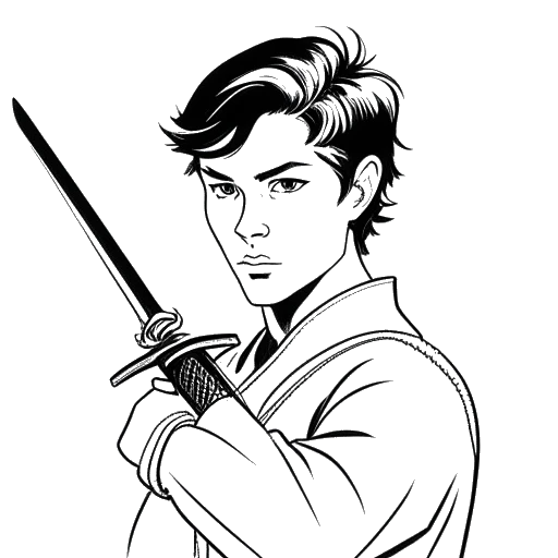 Disegno in stile lineare di un giovane uomo, rappresentante Technoblade (Alexander), con uno sguardo competitivo, impugnante una spada da scherma.