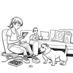 Line art drawing of a person with their family playing Minecraft, with the person using a racing wheel controller. A pet dog is sitting nearby, creating a wholesome atmosphere.