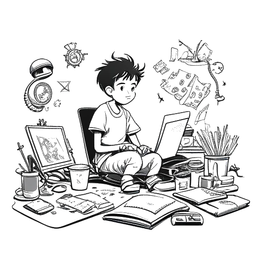 Line art drawing of a young boy, representing Technoblade, sitting at a desk with various objects flying around him, on a white background