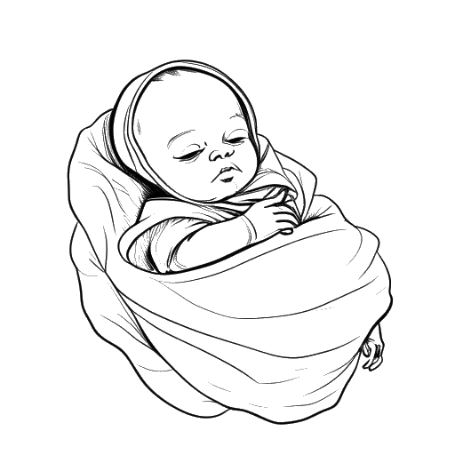 Dibujo de arte lineal de un bebé, representando a Technoblade, envuelto en una manta en una cama de hospital, en un fondo blanco