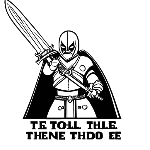 Line art drawing of Technoblade holding a diamond sword, with the text 'Technoblade never dies' displayed in a speech bubble, on a white background