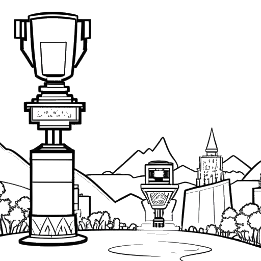 Line art drawing of Technoblade holding two golden Minecraft trophies, with a Minecraft landscape in the background, on a white background