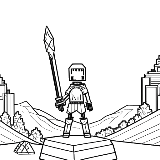 Disegno in stile line art di Technoblade che tiene in mano una spada di diamante, in piedi di fronte a un paesaggio di Minecraft, su sfondo bianco