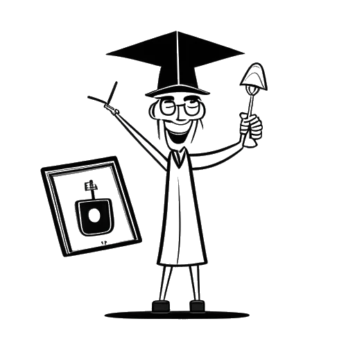 Line art drawing of Technoblade holding a graduation cap and a YouTube play button plaque, standing at a crossroads, on a white background