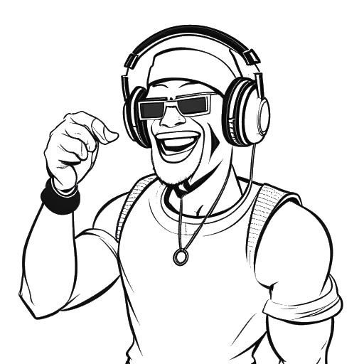 Line art drawing of Technoblade wearing a headset, holding a microphone, and flexing his bicep with a playful grin, on a white background