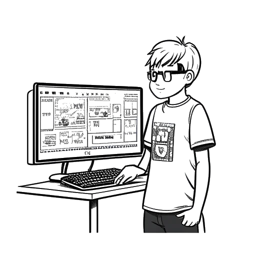 Line art drawing of Technoblade wearing a Dream SMP-themed T-shirt, standing in front of a computer screen displaying a Minecraft server, on a white background