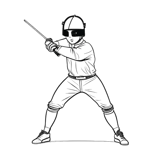 Disegno in stile line art di un giovane ragazzo, rappresentante Technoblade, che tiene in mano una spada da scherma in posizione d'assedio, indossando abbigliamento protettivo, su sfondo bianco