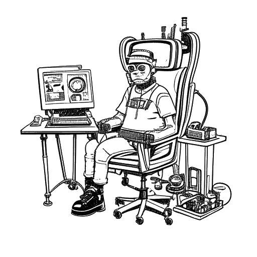 Line art drawing of Technoblade sitting in a director's chair, surrounded by movie studio equipment, on a white background