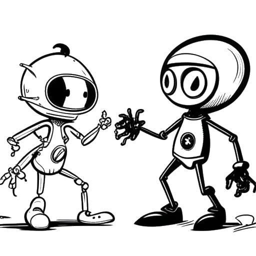Line art drawing of Technoblade and im_a_squid_kid holding potatoes and facing each other in a battle stance, on a white background