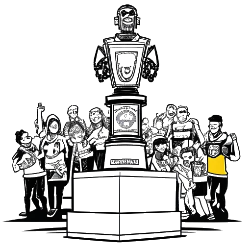 Line art drawing of Technoblade holding a golden trophy, standing on a podium, with Minecraft PvP competitors in the background, on a white background