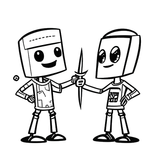 Line art drawing of Technoblade and Dream facing each other with playful smirks, holding Minecraft pickaxes, on a white background