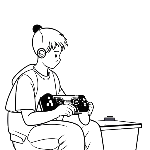 Line art drawing of a young Technoblade holding a gaming controller, playing Roblox on a TV screen, on a white background