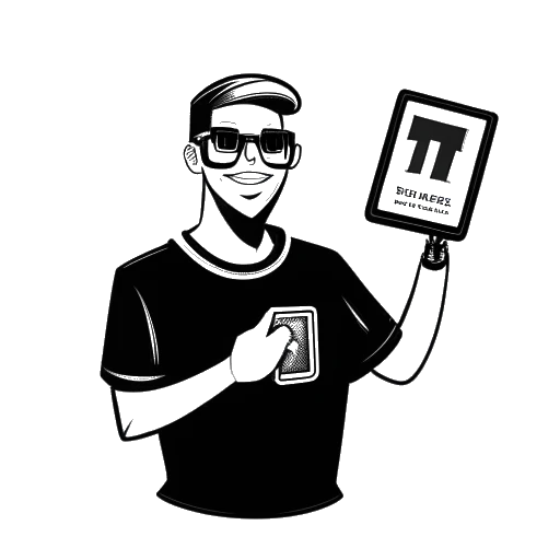 Line art drawing of Technoblade holding a silver YouTube play button plaque, with the number 15 million displayed on a screen in the background, on a white background