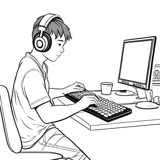 Line art drawing of a teenager, representing Technoblade, sitting at a desk editing a video on a computer, wearing headphones, on a white background